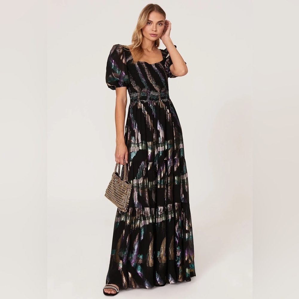 SHOSHANNA Midnight Metallic Atley Black Floor Length Puff Sleeve Gown